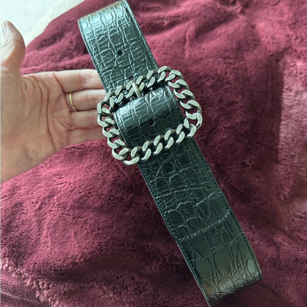 YSL wide leather belt with chain buckle